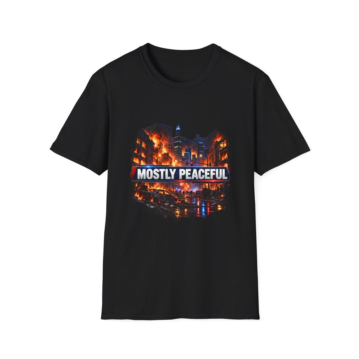 Mostly Peaceful — Fiery City News Banner Parody Graphic Unisex Softstyle T-Shirt