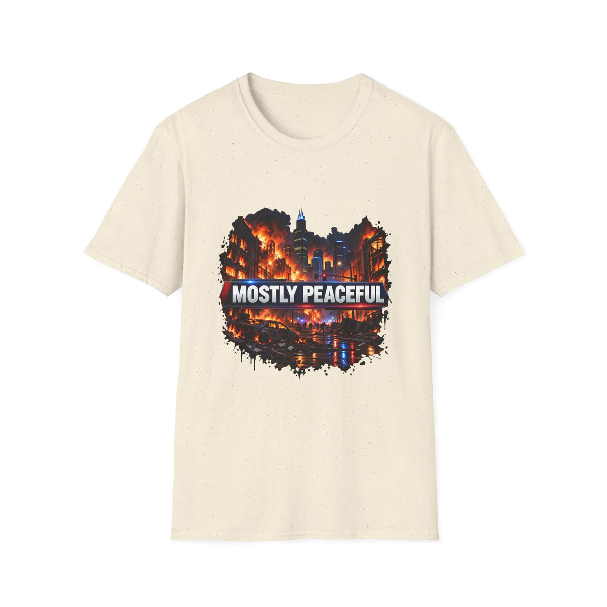 Mostly Peaceful — Fiery City News Banner Parody Graphic Unisex Softstyle T-Shirt