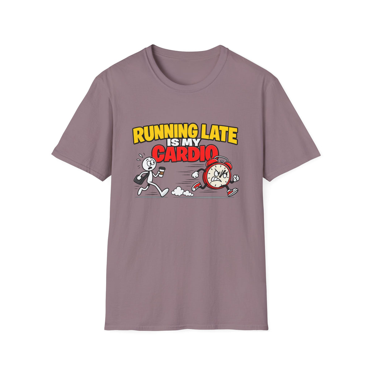 Running Late Is My Cardio — Funny Coffee & Alarm Clock Cartoon Graphic Unisex Softstyle T-Shirt