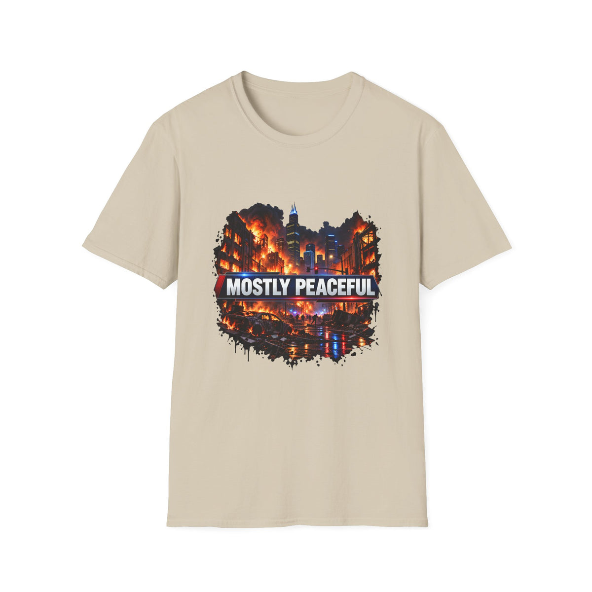 Mostly Peaceful — Fiery City News Banner Parody Graphic Unisex Softstyle T-Shirt