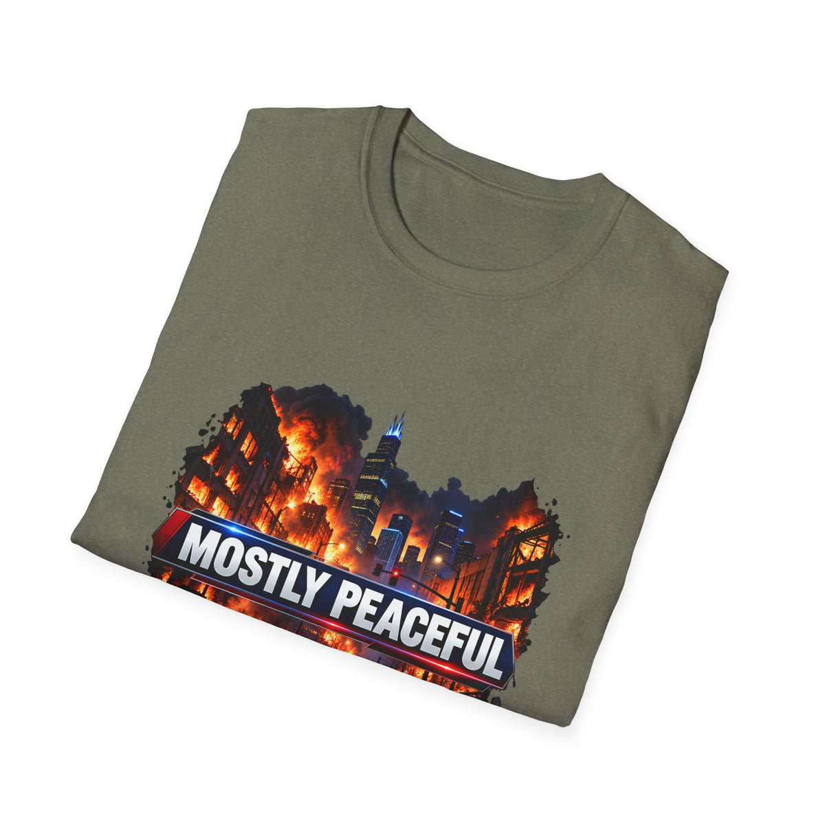 Mostly Peaceful — Fiery City News Banner Parody Graphic Unisex Softstyle T-Shirt