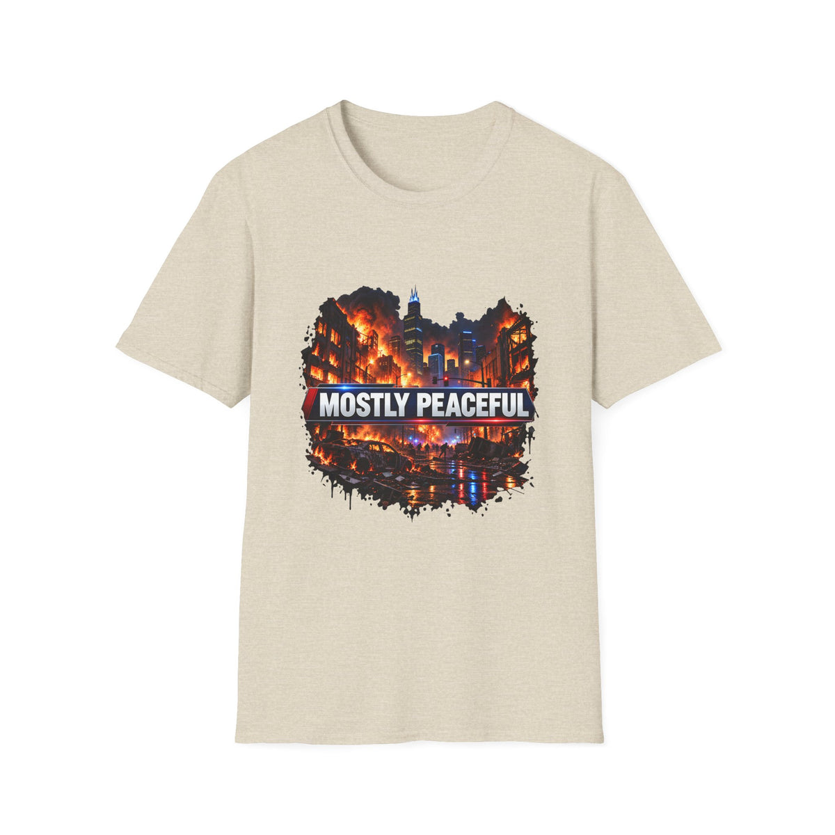 Mostly Peaceful — Fiery City News Banner Parody Graphic Unisex Softstyle T-Shirt