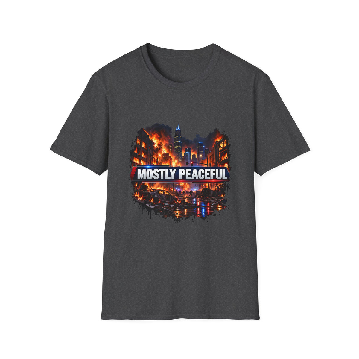 Mostly Peaceful — Fiery City News Banner Parody Graphic Unisex Softstyle T-Shirt