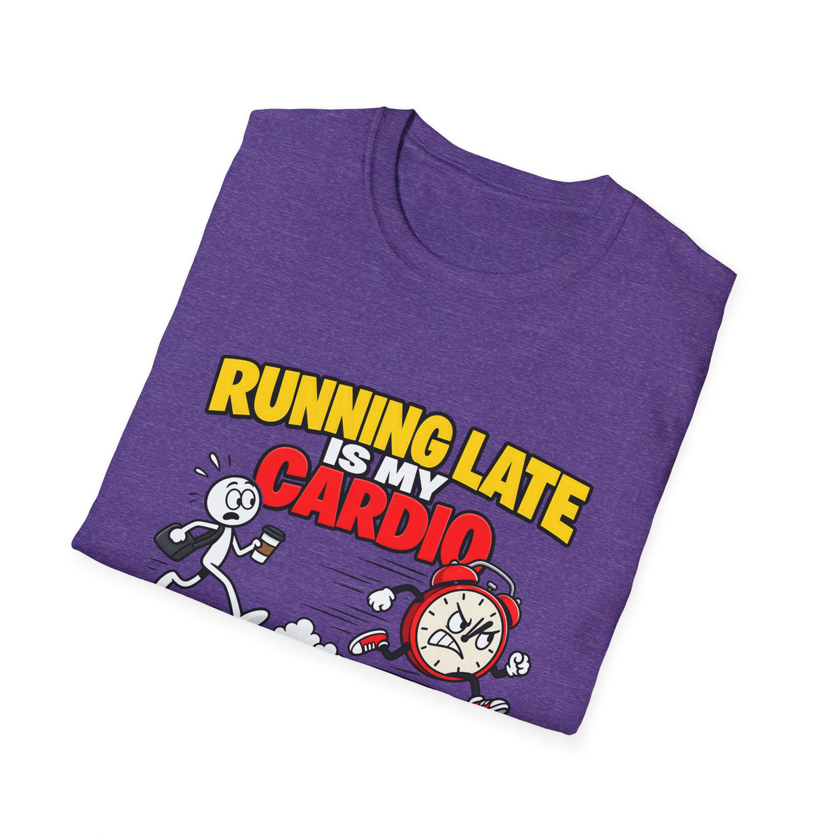 Running Late Is My Cardio — Funny Coffee & Alarm Clock Cartoon Graphic Unisex Softstyle T-Shirt