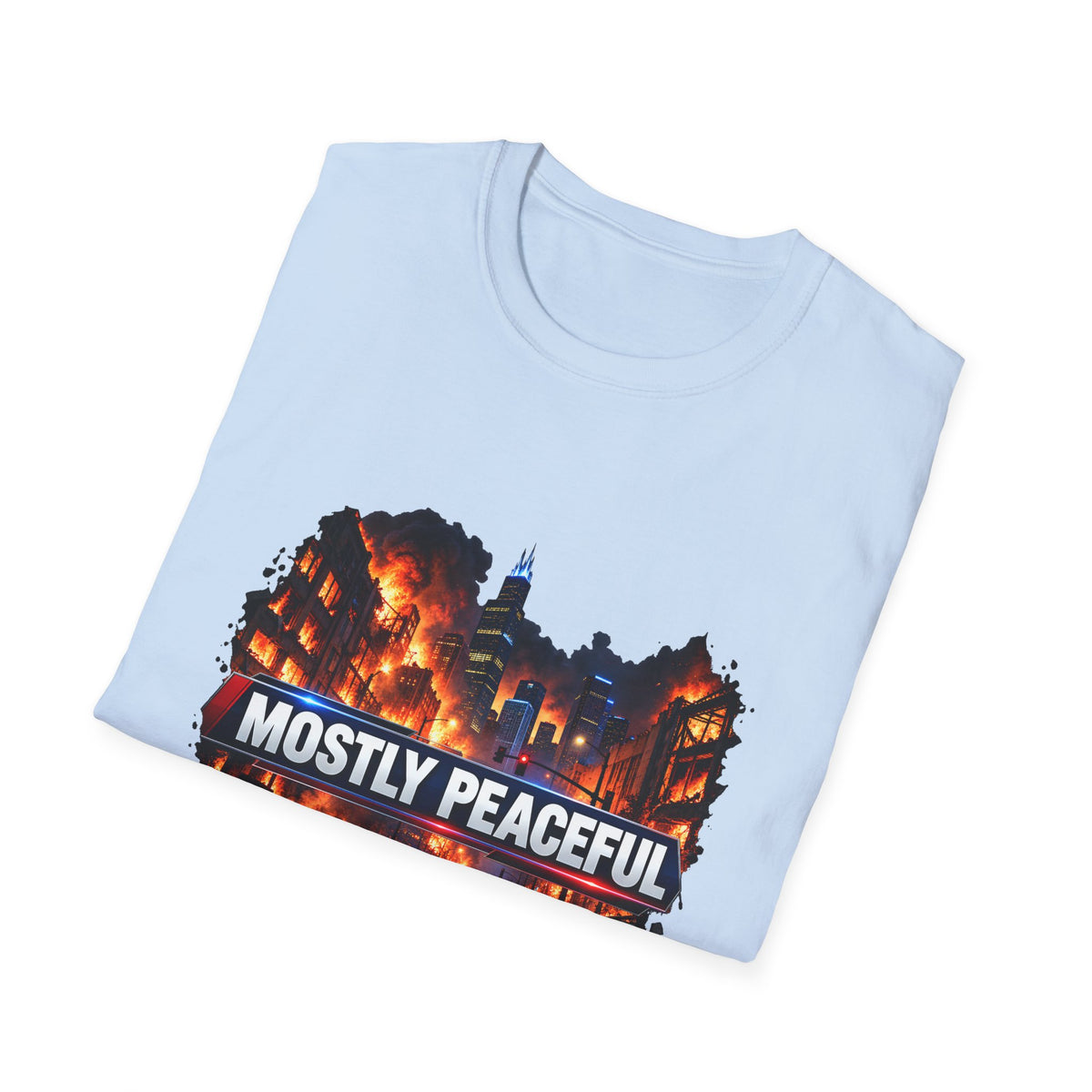 Mostly Peaceful — Fiery City News Banner Parody Graphic Unisex Softstyle T-Shirt
