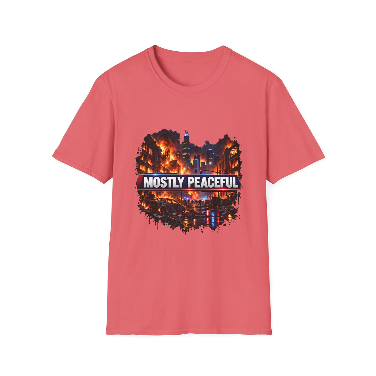 Mostly Peaceful — Fiery City News Banner Parody Graphic Unisex Softstyle T-Shirt