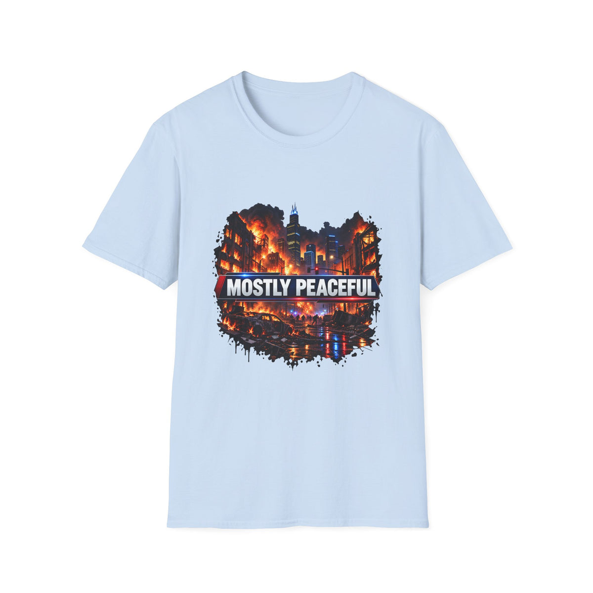 Mostly Peaceful — Fiery City News Banner Parody Graphic Unisex Softstyle T-Shirt