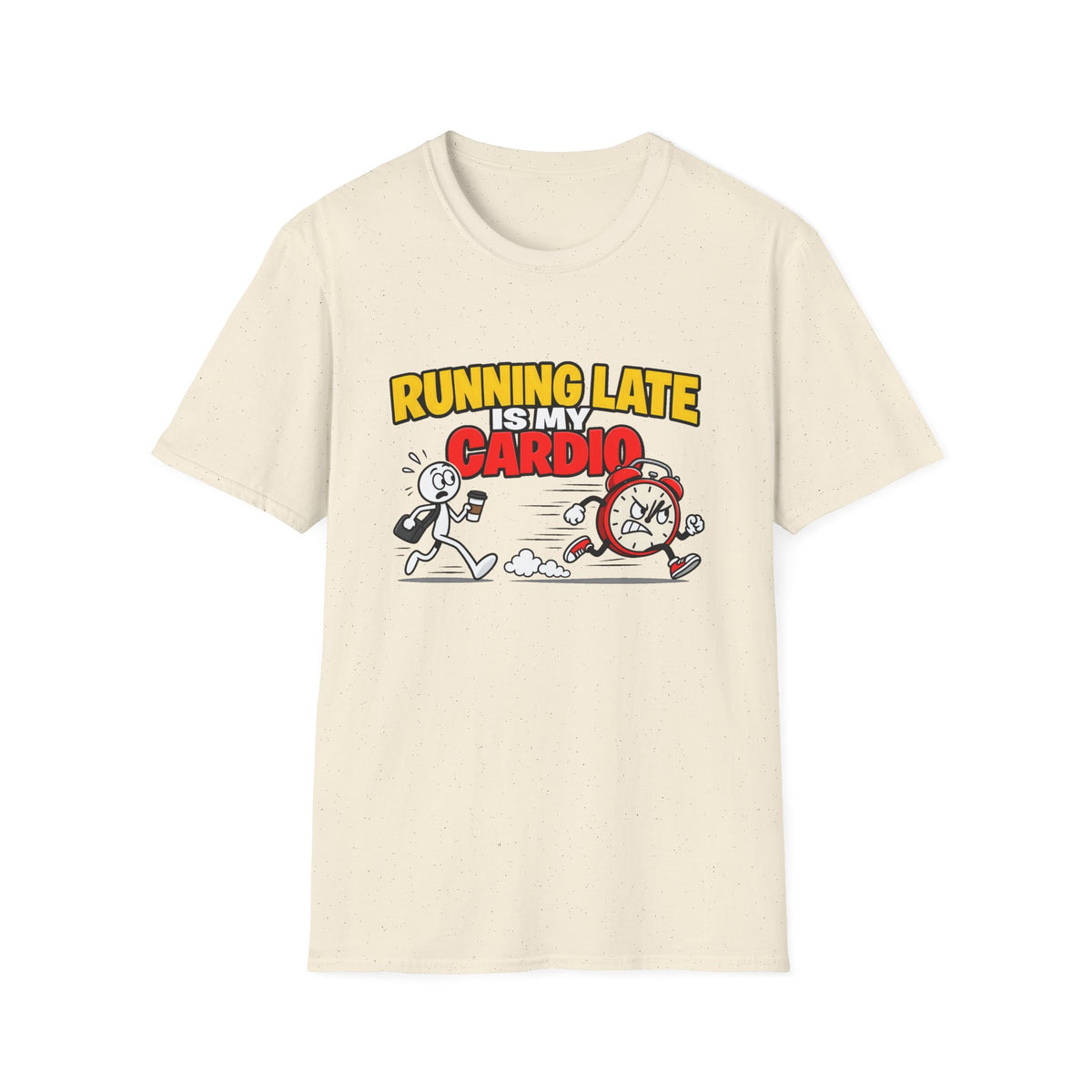Running Late Is My Cardio — Funny Coffee & Alarm Clock Cartoon Graphic Unisex Softstyle T-Shirt