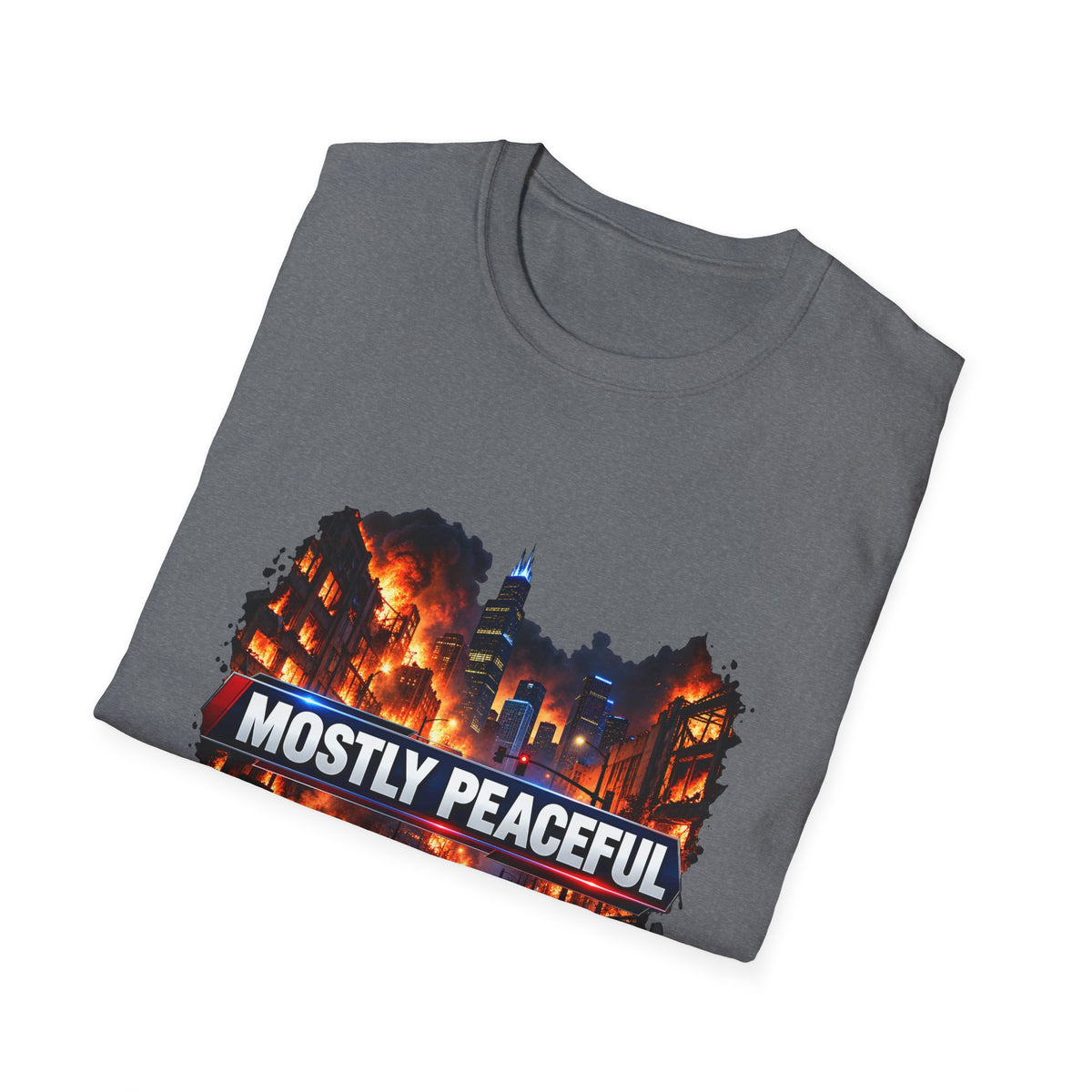 Mostly Peaceful — Fiery City News Banner Parody Graphic Unisex Softstyle T-Shirt