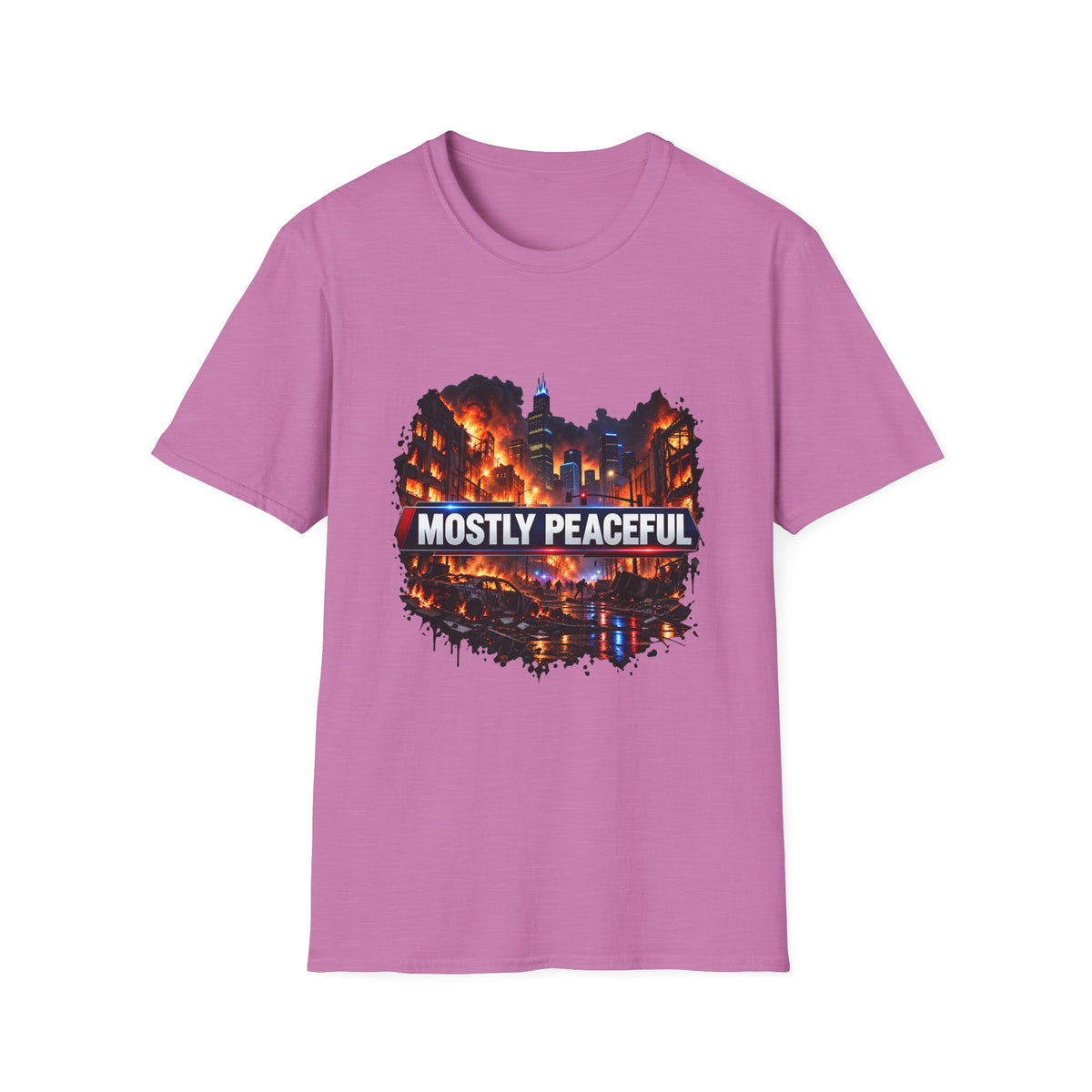 Mostly Peaceful — Fiery City News Banner Parody Graphic Unisex Softstyle T-Shirt