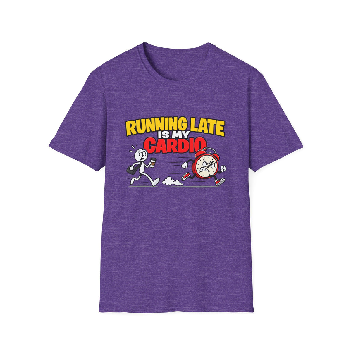 Running Late Is My Cardio — Funny Coffee & Alarm Clock Cartoon Graphic Unisex Softstyle T-Shirt