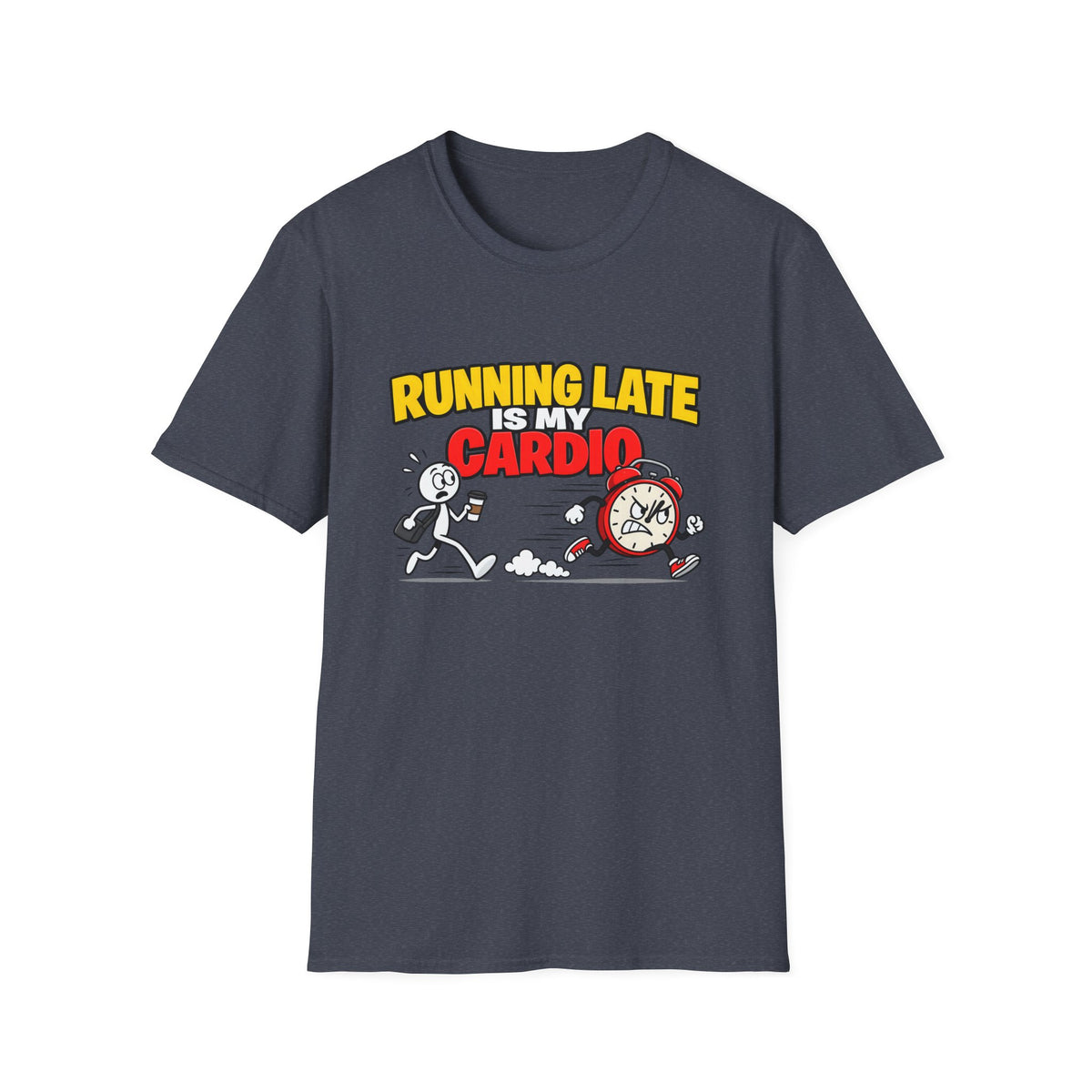 Running Late Is My Cardio — Funny Coffee & Alarm Clock Cartoon Graphic Unisex Softstyle T-Shirt