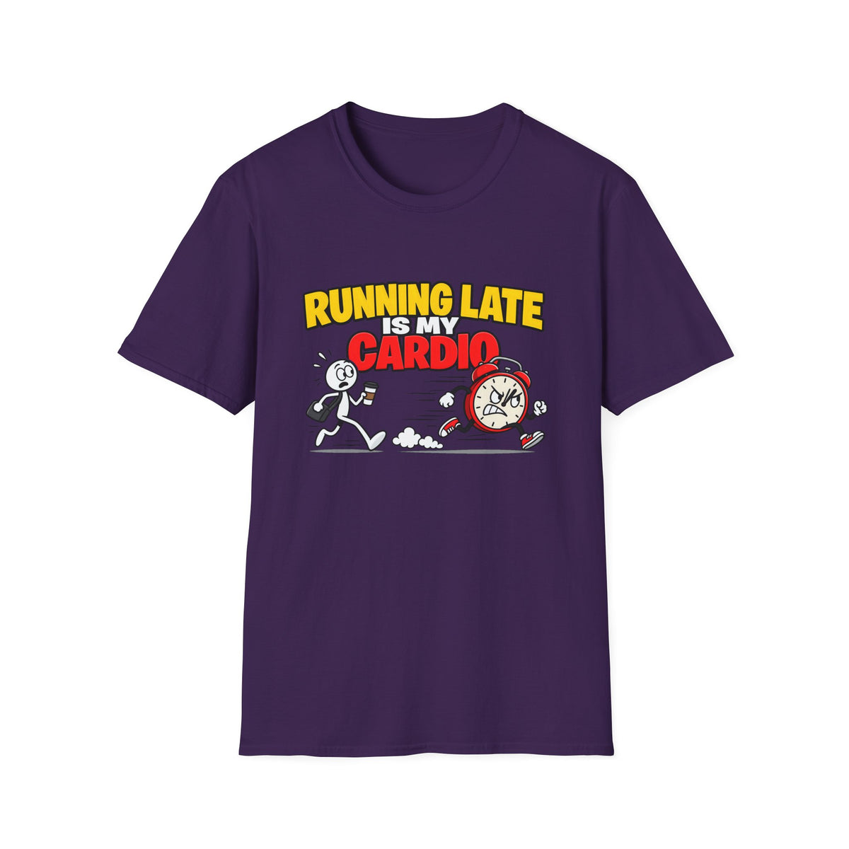 Running Late Is My Cardio — Funny Coffee & Alarm Clock Cartoon Graphic Unisex Softstyle T-Shirt