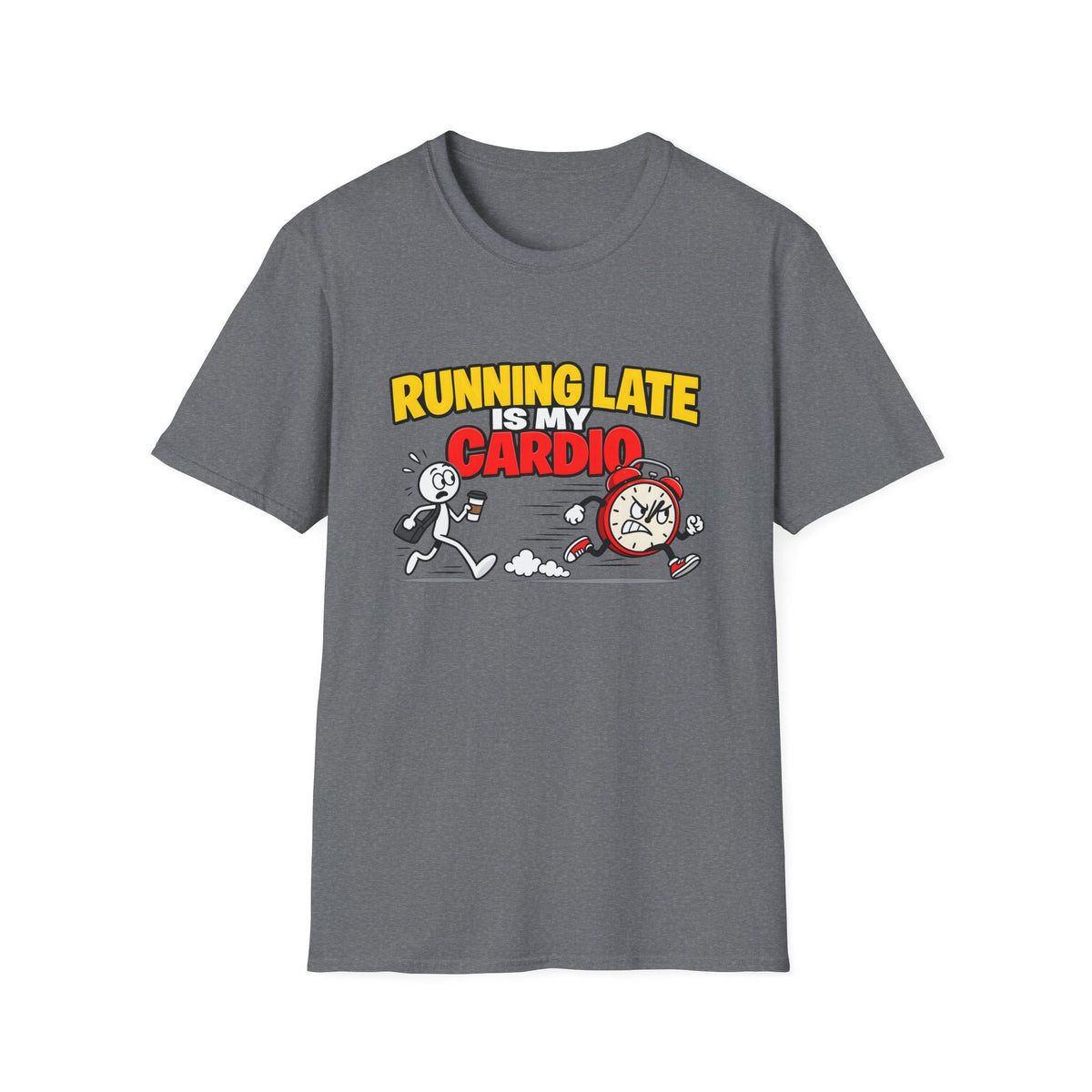 Running Late Is My Cardio — Funny Coffee & Alarm Clock Cartoon Graphic Unisex Softstyle T-Shirt