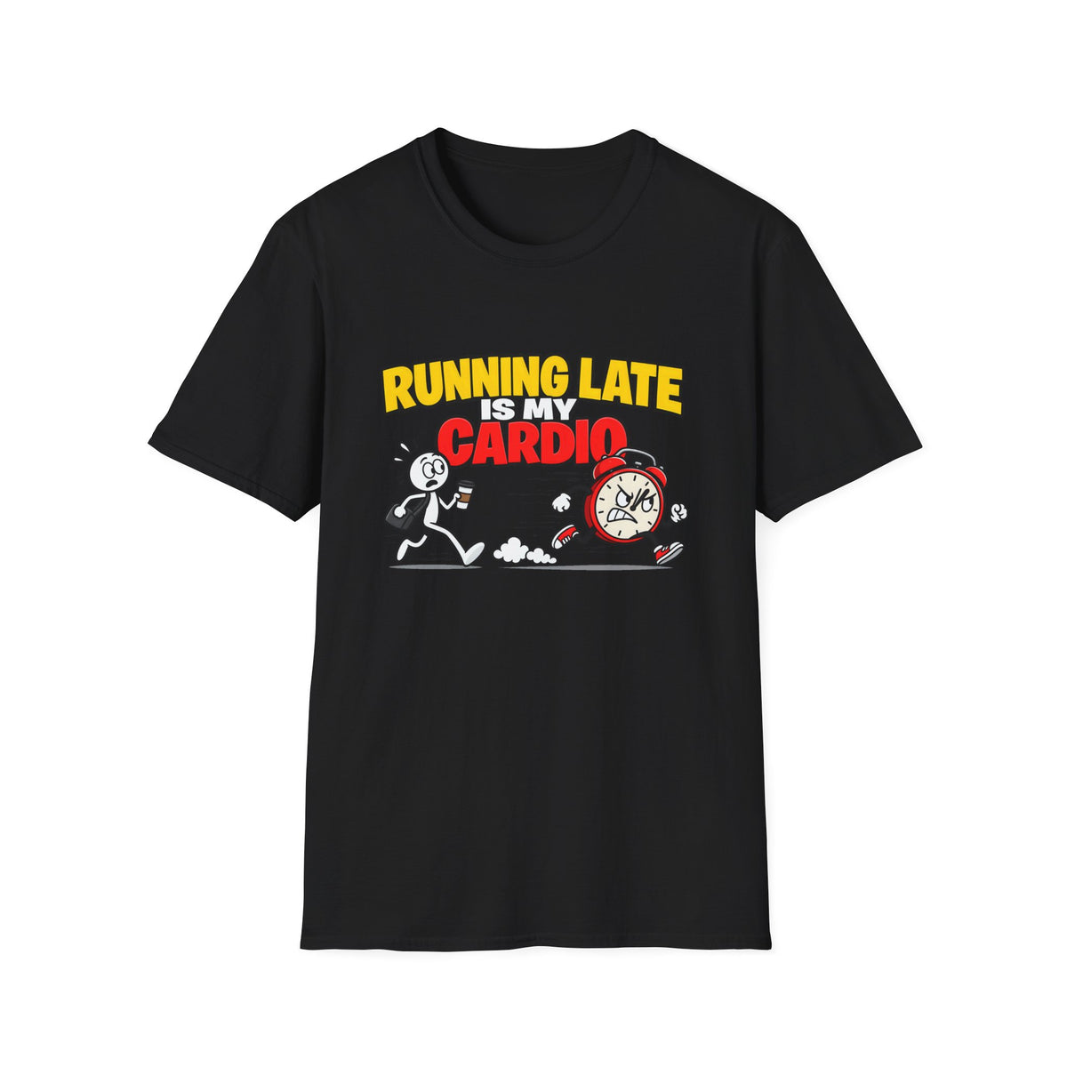 Running Late Is My Cardio — Funny Coffee & Alarm Clock Cartoon Graphic Unisex Softstyle T-Shirt