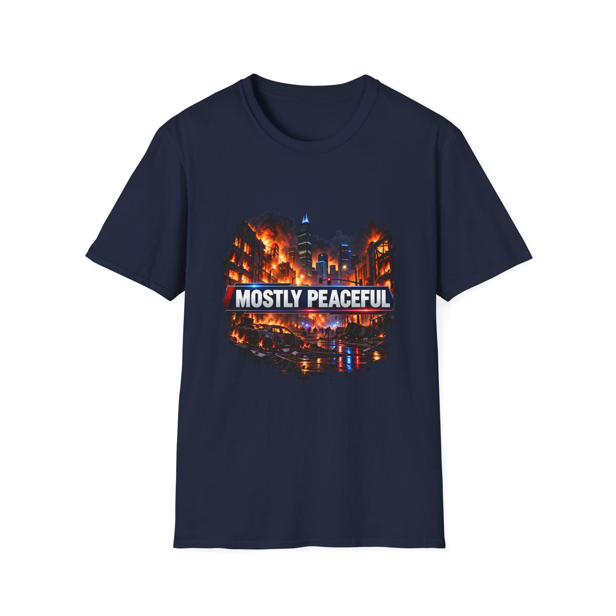 Mostly Peaceful — Fiery City News Banner Parody Graphic Unisex Softstyle T-Shirt