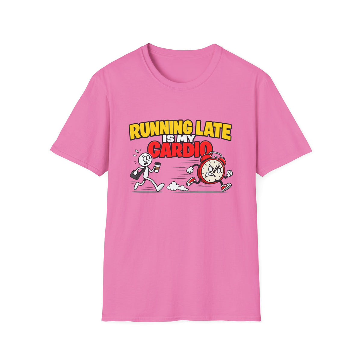 Running Late Is My Cardio — Funny Coffee & Alarm Clock Cartoon Graphic Unisex Softstyle T-Shirt