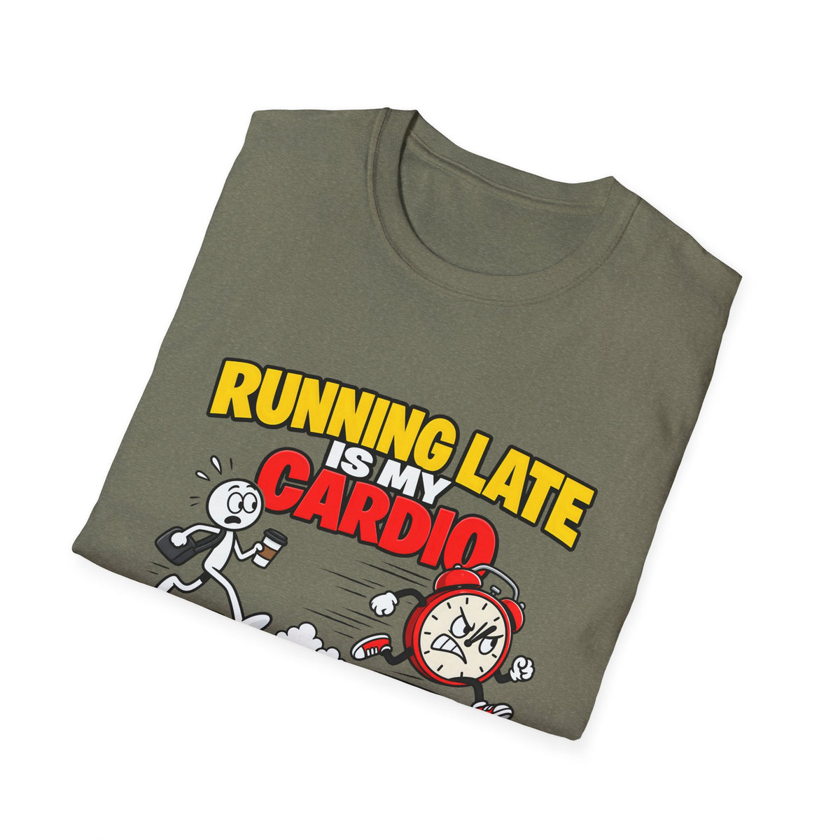 Running Late Is My Cardio — Funny Coffee & Alarm Clock Cartoon Graphic Unisex Softstyle T-Shirt