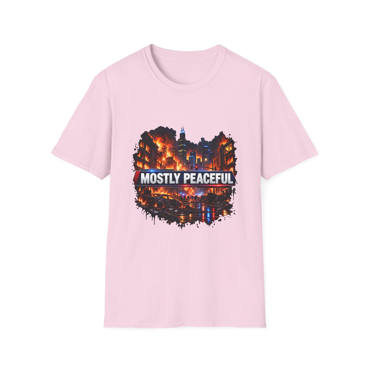 Mostly Peaceful — Fiery City News Banner Parody Graphic Unisex Softstyle T-Shirt