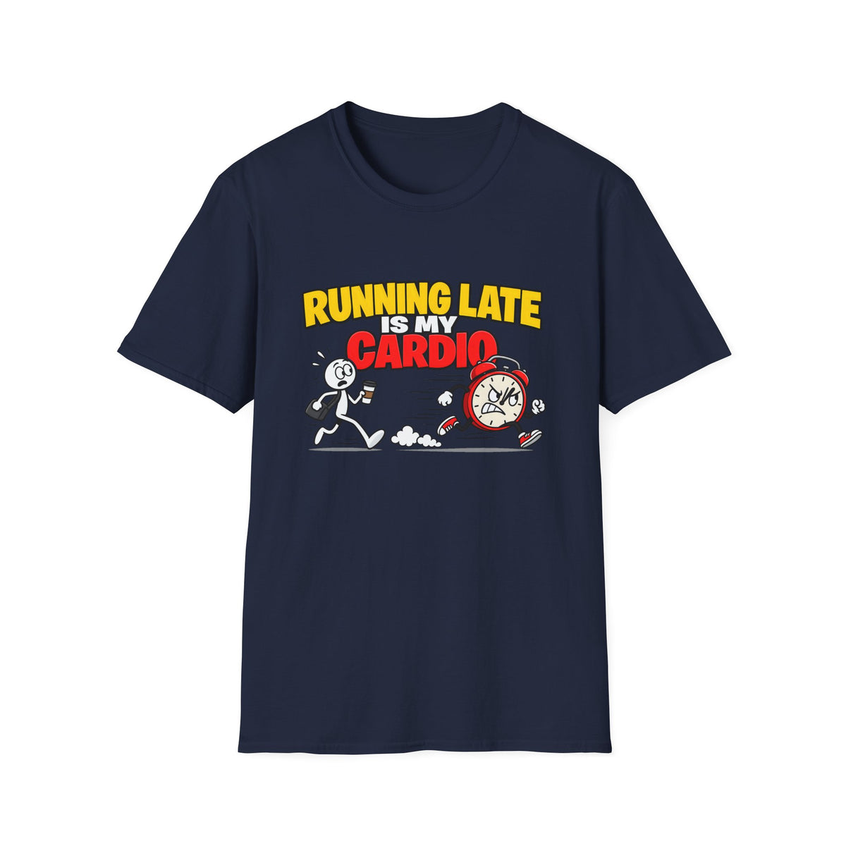 Running Late Is My Cardio — Funny Coffee & Alarm Clock Cartoon Graphic Unisex Softstyle T-Shirt