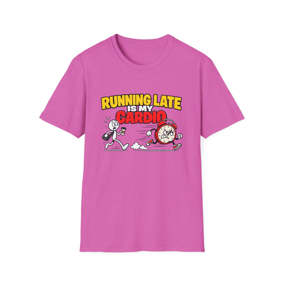 Running Late Is My Cardio — Funny Coffee & Alarm Clock Cartoon Graphic Unisex Softstyle T-Shirt