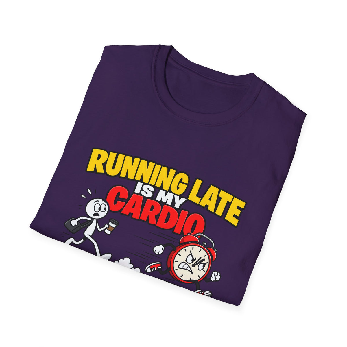 Running Late Is My Cardio — Funny Coffee & Alarm Clock Cartoon Graphic Unisex Softstyle T-Shirt