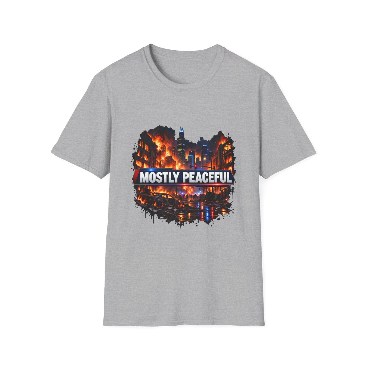 Mostly Peaceful — Fiery City News Banner Parody Graphic Unisex Softstyle T-Shirt