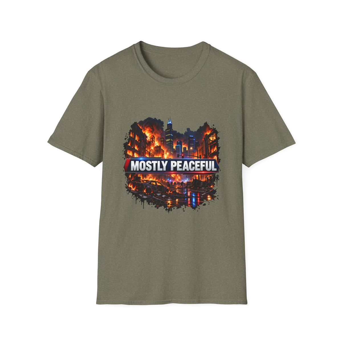 Mostly Peaceful — Fiery City News Banner Parody Graphic Unisex Softstyle T-Shirt