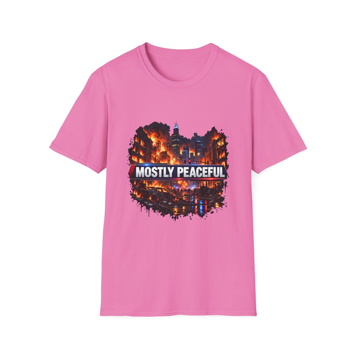 Mostly Peaceful — Fiery City News Banner Parody Graphic Unisex Softstyle T-Shirt