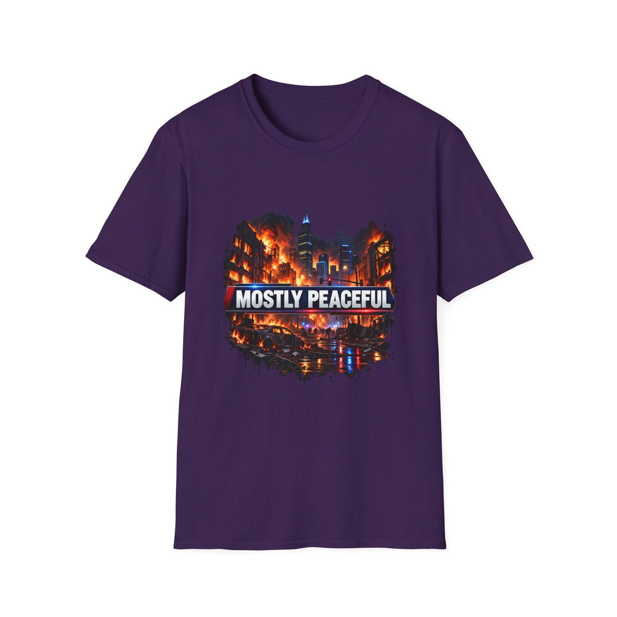 Mostly Peaceful — Fiery City News Banner Parody Graphic Unisex Softstyle T-Shirt