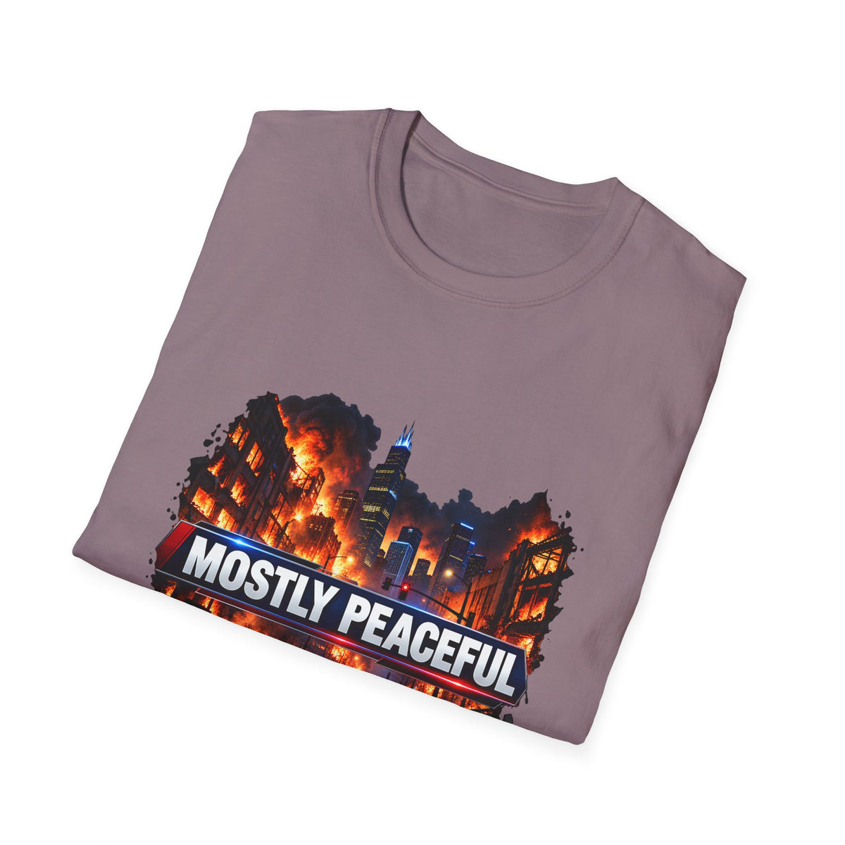 Mostly Peaceful — Fiery City News Banner Parody Graphic Unisex Softstyle T-Shirt