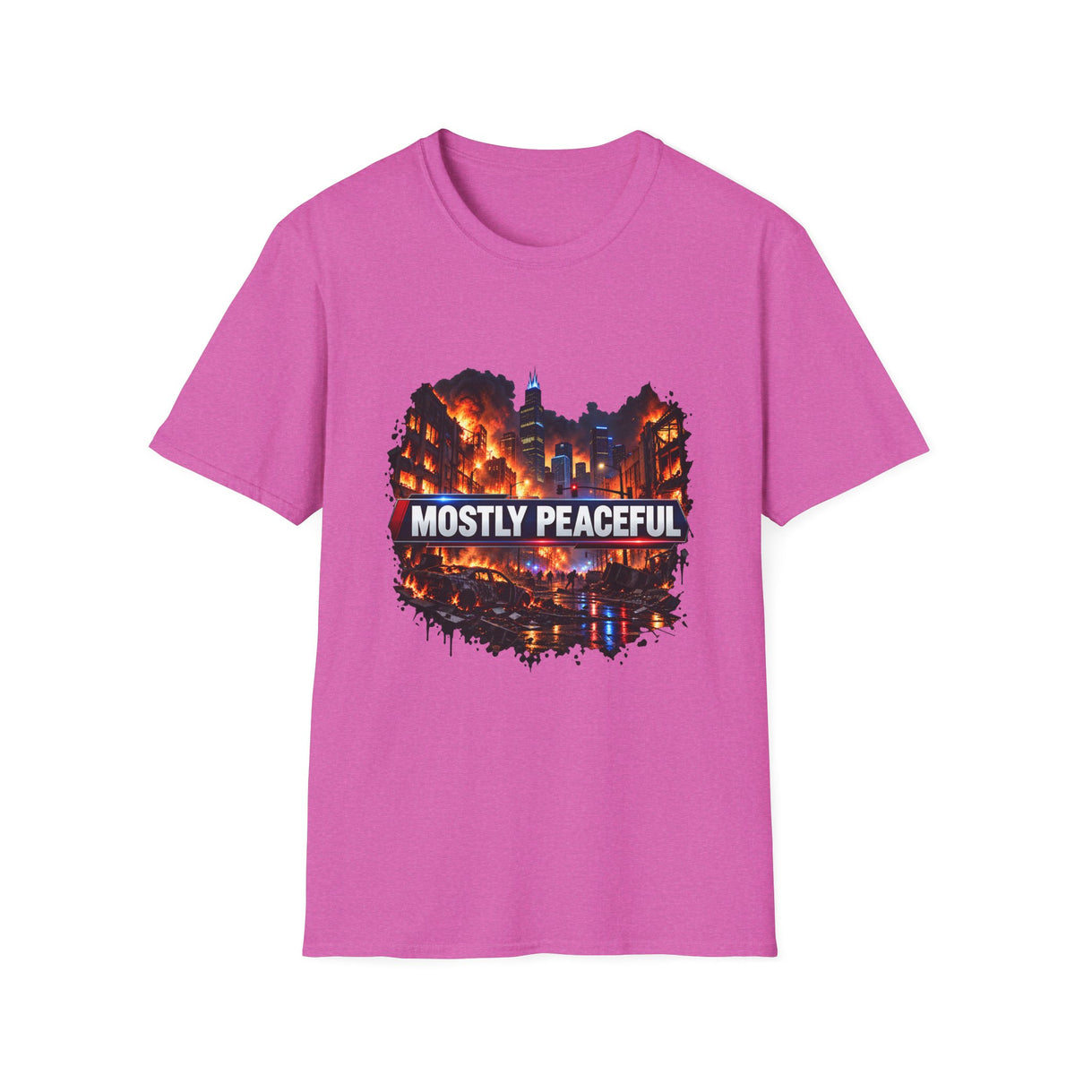Mostly Peaceful — Fiery City News Banner Parody Graphic Unisex Softstyle T-Shirt