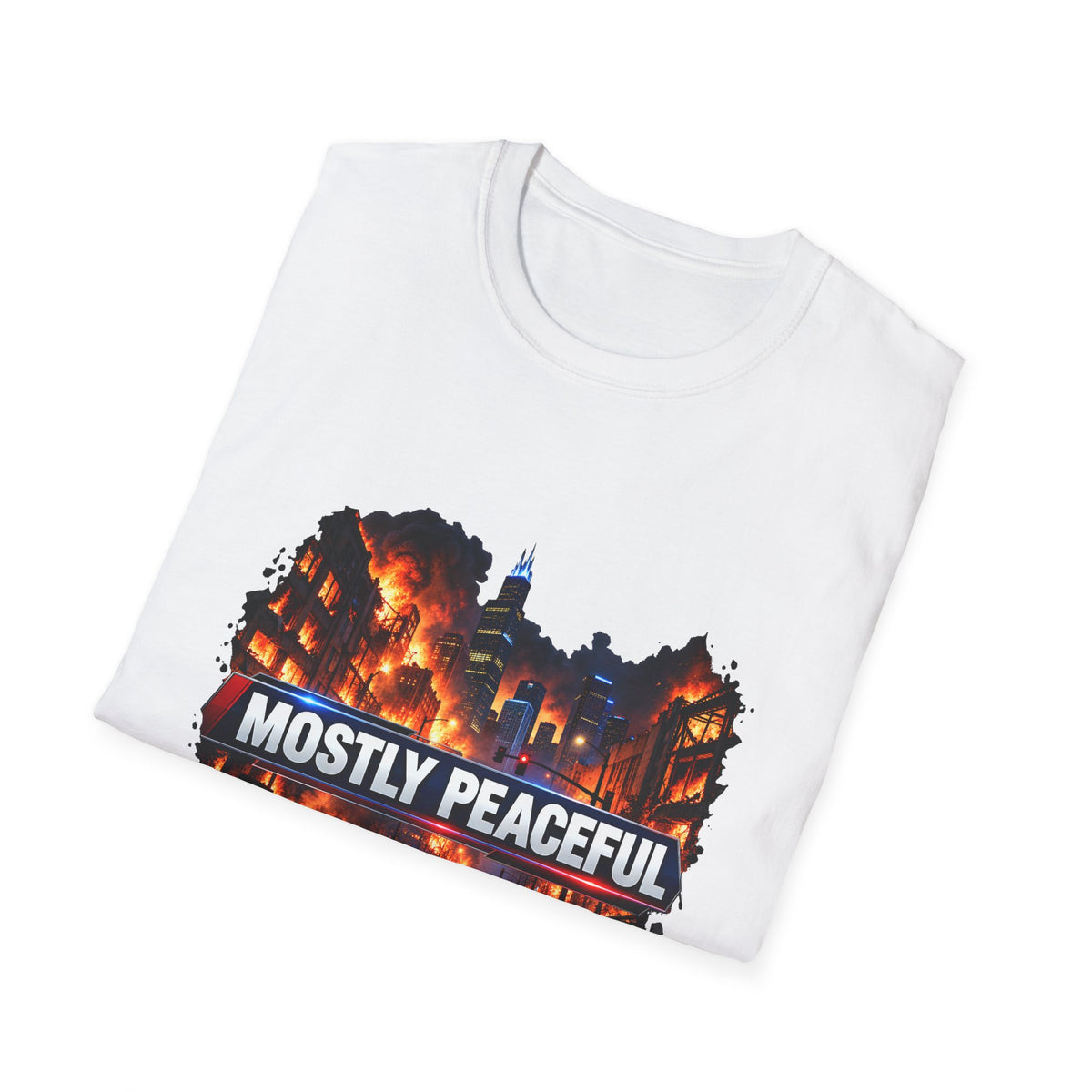 Mostly Peaceful — Fiery City News Banner Parody Graphic Unisex Softstyle T-Shirt