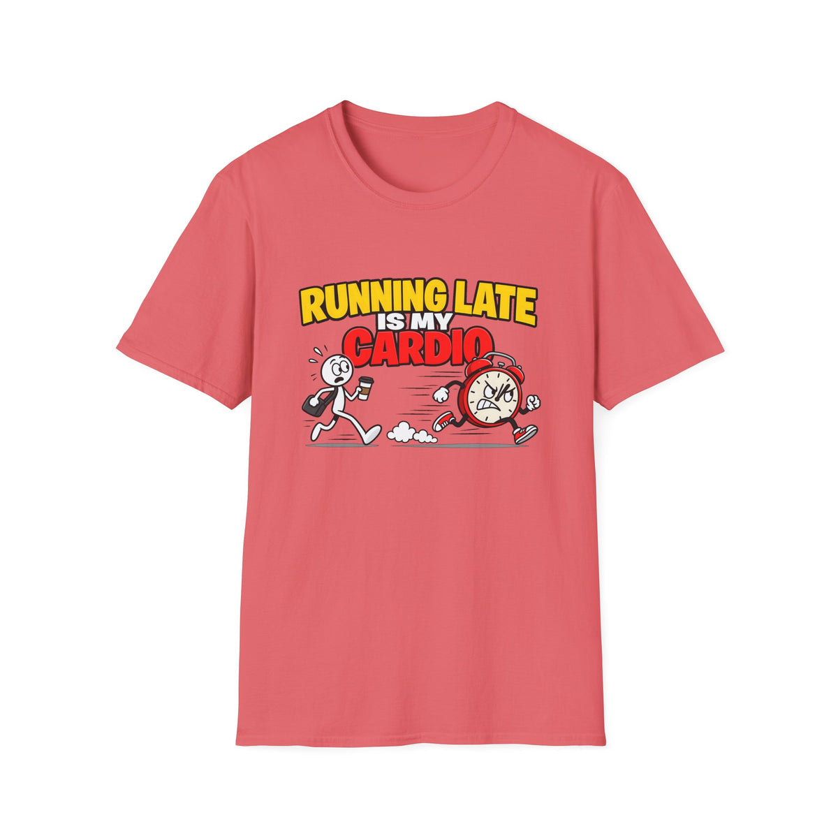 Running Late Is My Cardio — Funny Coffee & Alarm Clock Cartoon Graphic Unisex Softstyle T-Shirt