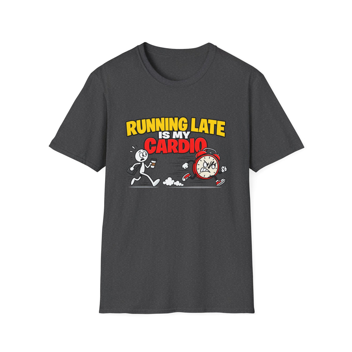 Running Late Is My Cardio — Funny Coffee & Alarm Clock Cartoon Graphic Unisex Softstyle T-Shirt