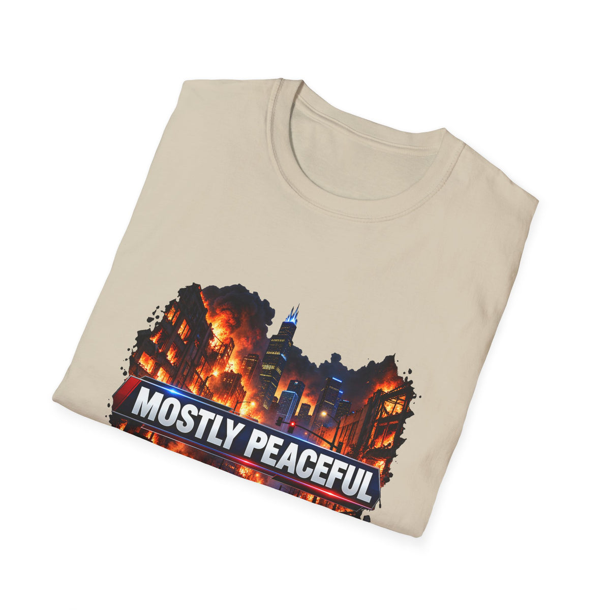 Mostly Peaceful — Fiery City News Banner Parody Graphic Unisex Softstyle T-Shirt