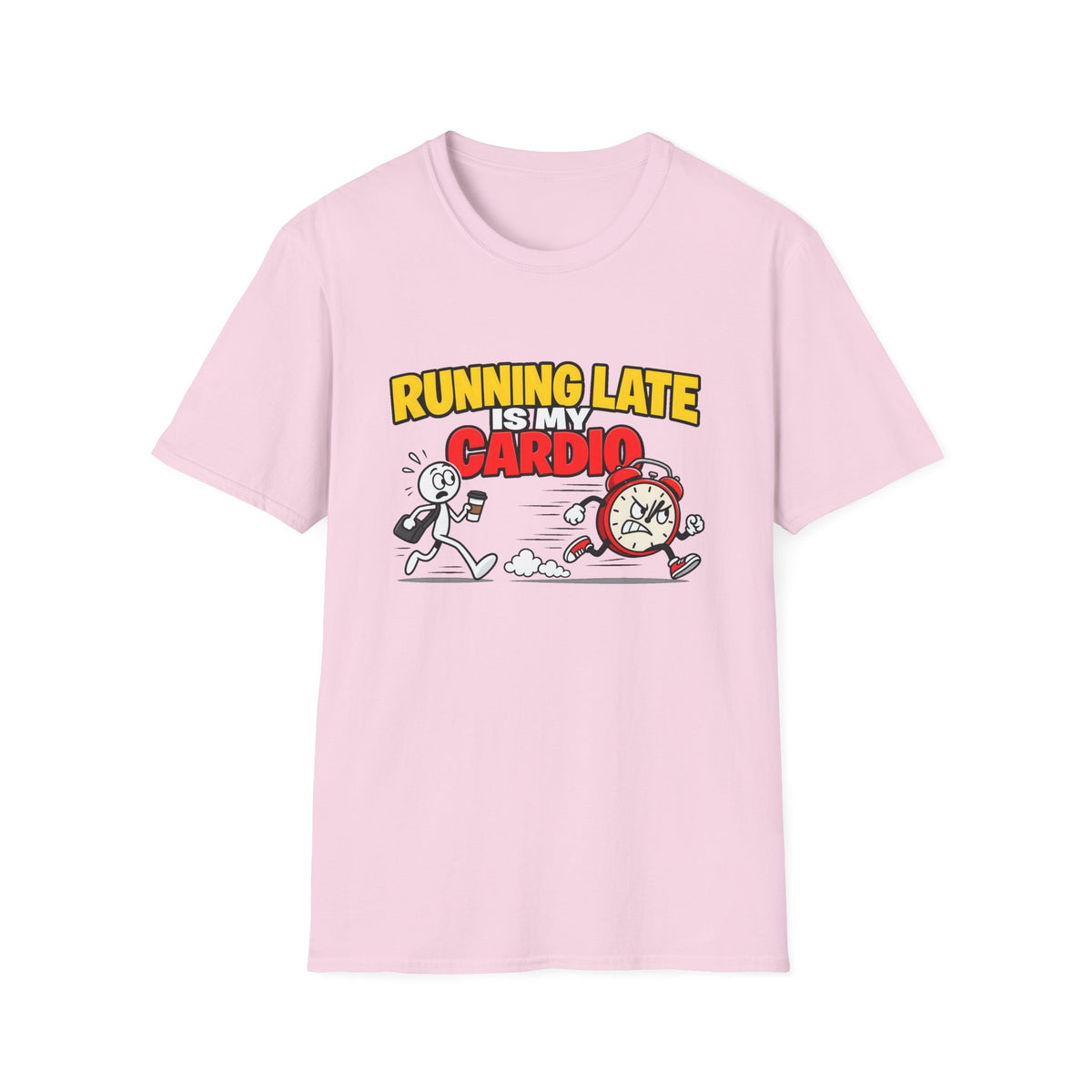 Running Late Is My Cardio — Funny Coffee & Alarm Clock Cartoon Graphic Unisex Softstyle T-Shirt