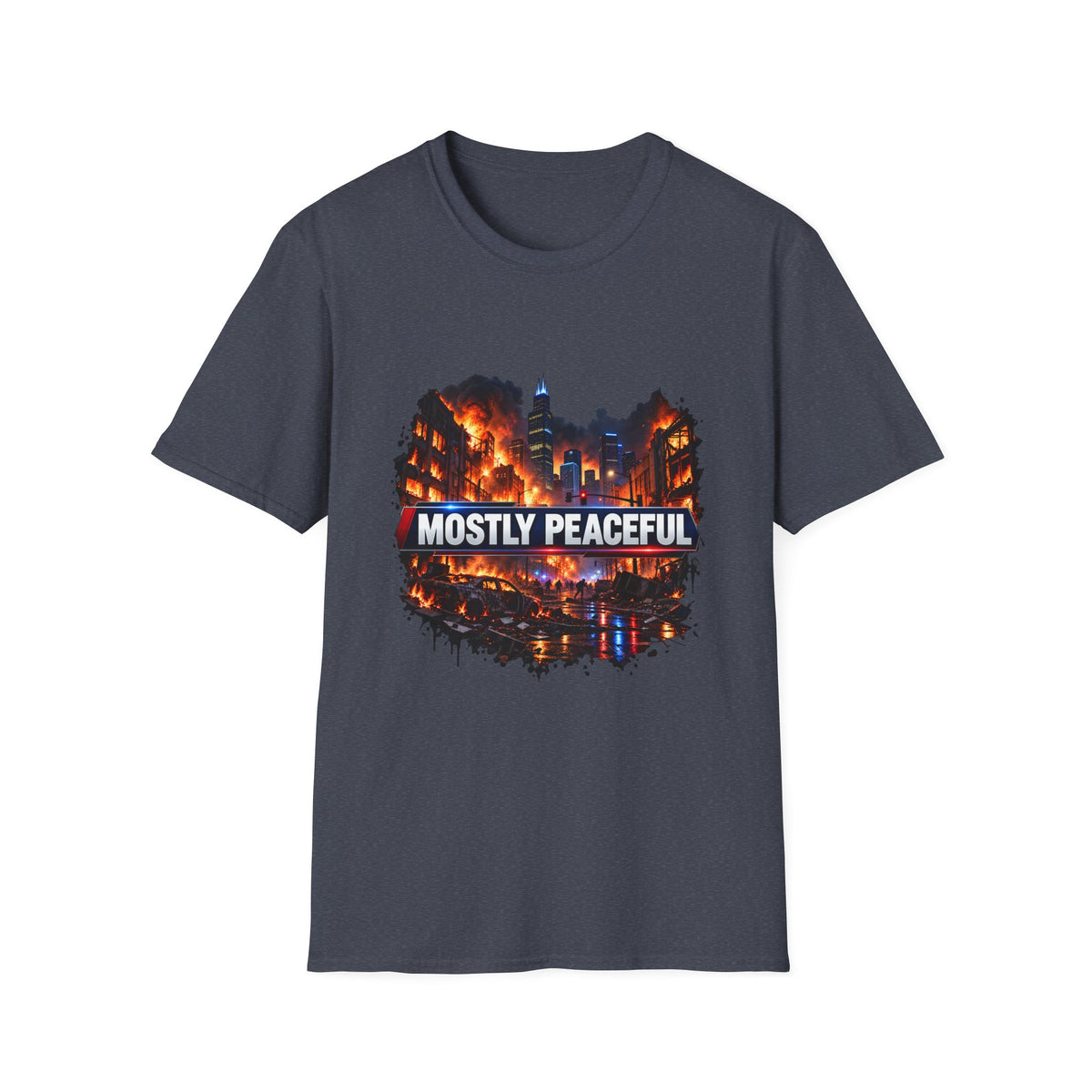 Mostly Peaceful — Fiery City News Banner Parody Graphic Unisex Softstyle T-Shirt