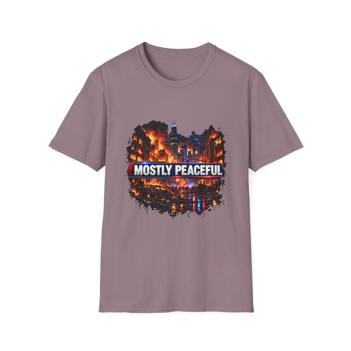 Mostly Peaceful — Fiery City News Banner Parody Graphic Unisex Softstyle T-Shirt