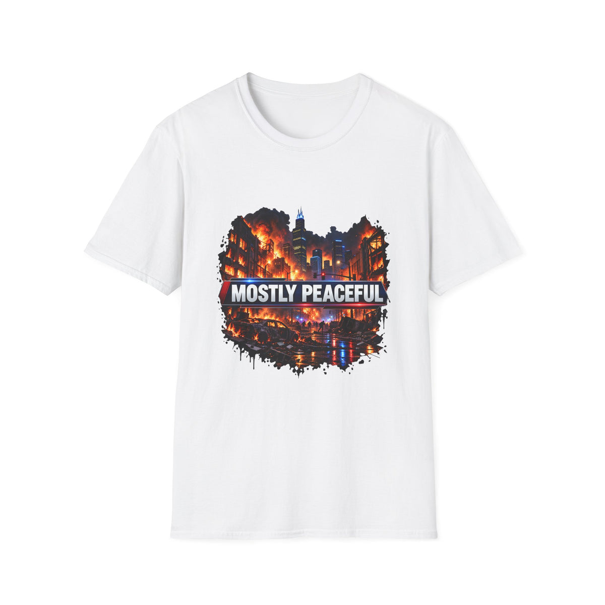 Mostly Peaceful — Fiery City News Banner Parody Graphic Unisex Softstyle T-Shirt