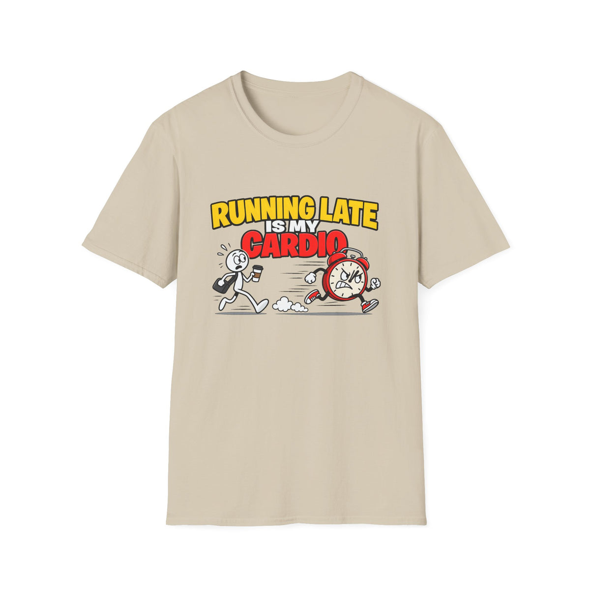 Running Late Is My Cardio — Funny Coffee & Alarm Clock Cartoon Graphic Unisex Softstyle T-Shirt