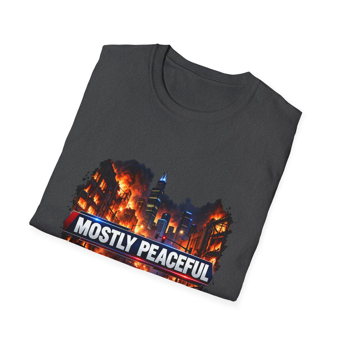 Mostly Peaceful — Fiery City News Banner Parody Graphic Unisex Softstyle T-Shirt