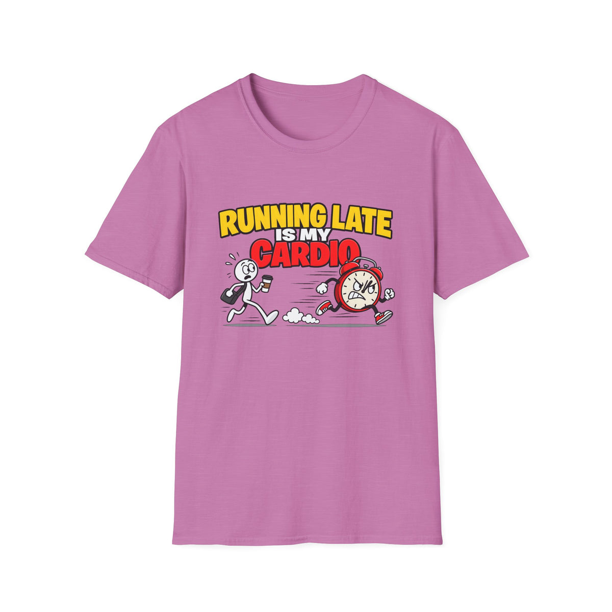Running Late Is My Cardio — Funny Coffee & Alarm Clock Cartoon Graphic Unisex Softstyle T-Shirt