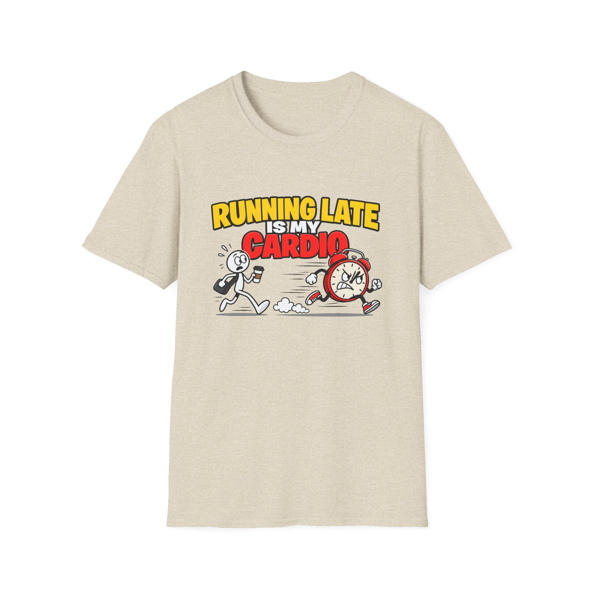 Running Late Is My Cardio — Funny Coffee & Alarm Clock Cartoon Graphic Unisex Softstyle T-Shirt