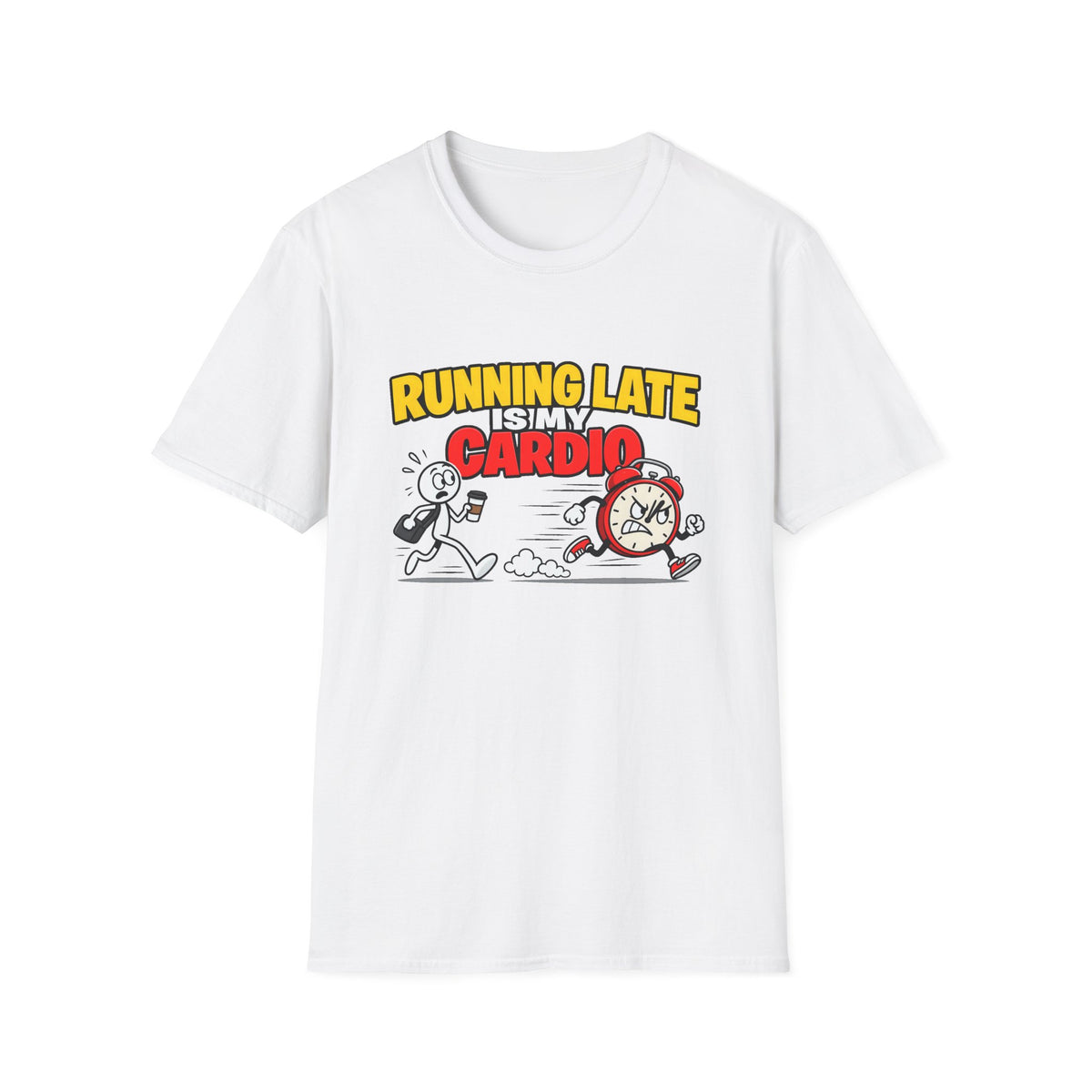 Running Late Is My Cardio — Funny Coffee & Alarm Clock Cartoon Graphic Unisex Softstyle T-Shirt