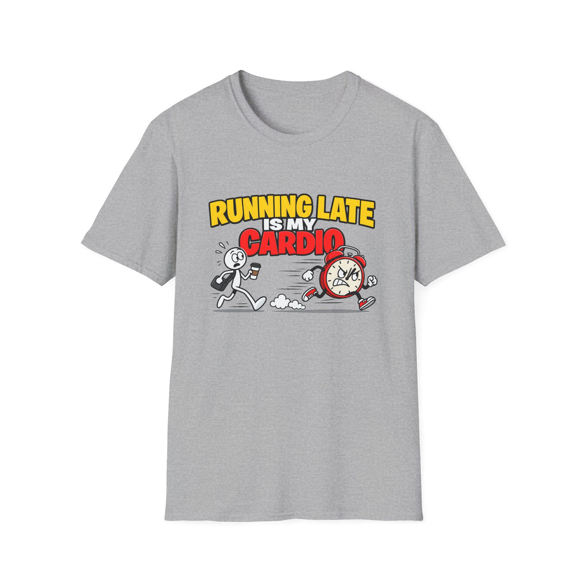 Running Late Is My Cardio — Funny Coffee & Alarm Clock Cartoon Graphic Unisex Softstyle T-Shirt