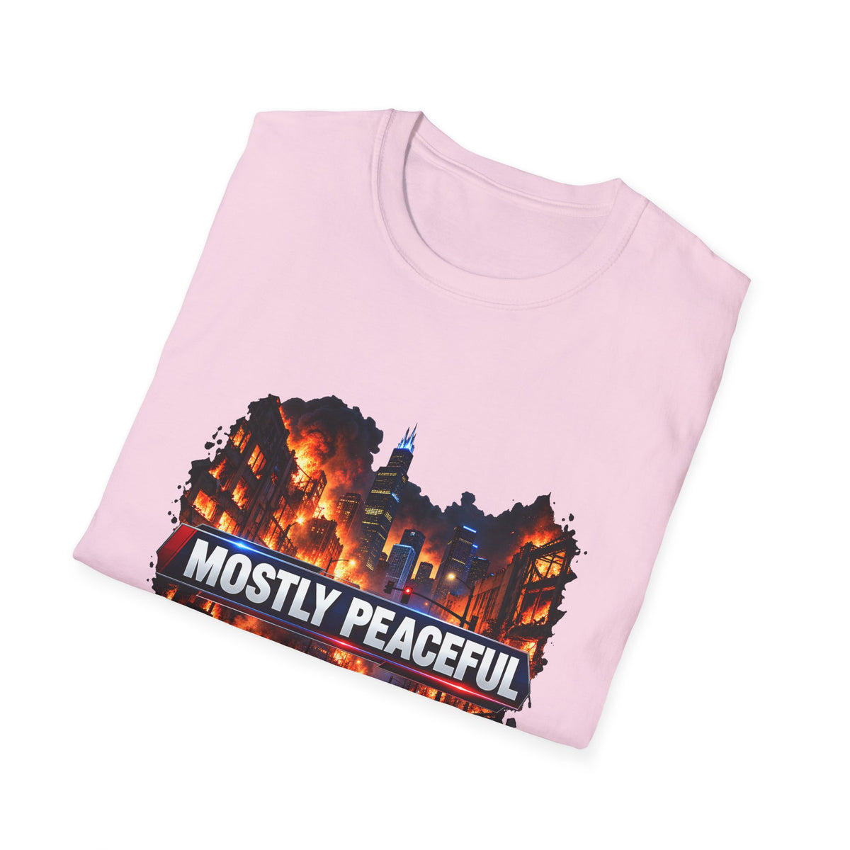 Mostly Peaceful — Fiery City News Banner Parody Graphic Unisex Softstyle T-Shirt