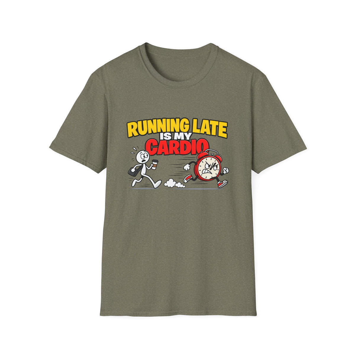 Running Late Is My Cardio — Funny Coffee & Alarm Clock Cartoon Graphic Unisex Softstyle T-Shirt
