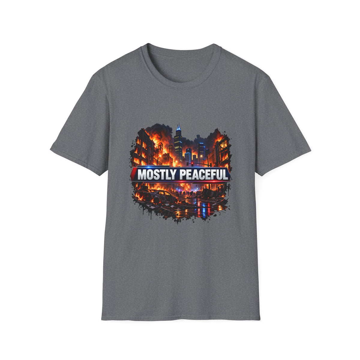 Mostly Peaceful — Fiery City News Banner Parody Graphic Unisex Softstyle T-Shirt