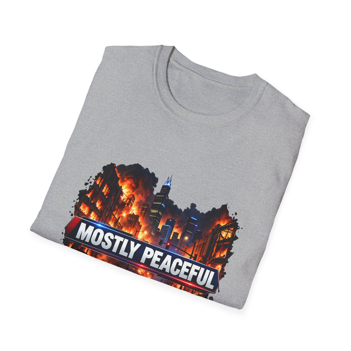 Mostly Peaceful — Fiery City News Banner Parody Graphic Unisex Softstyle T-Shirt